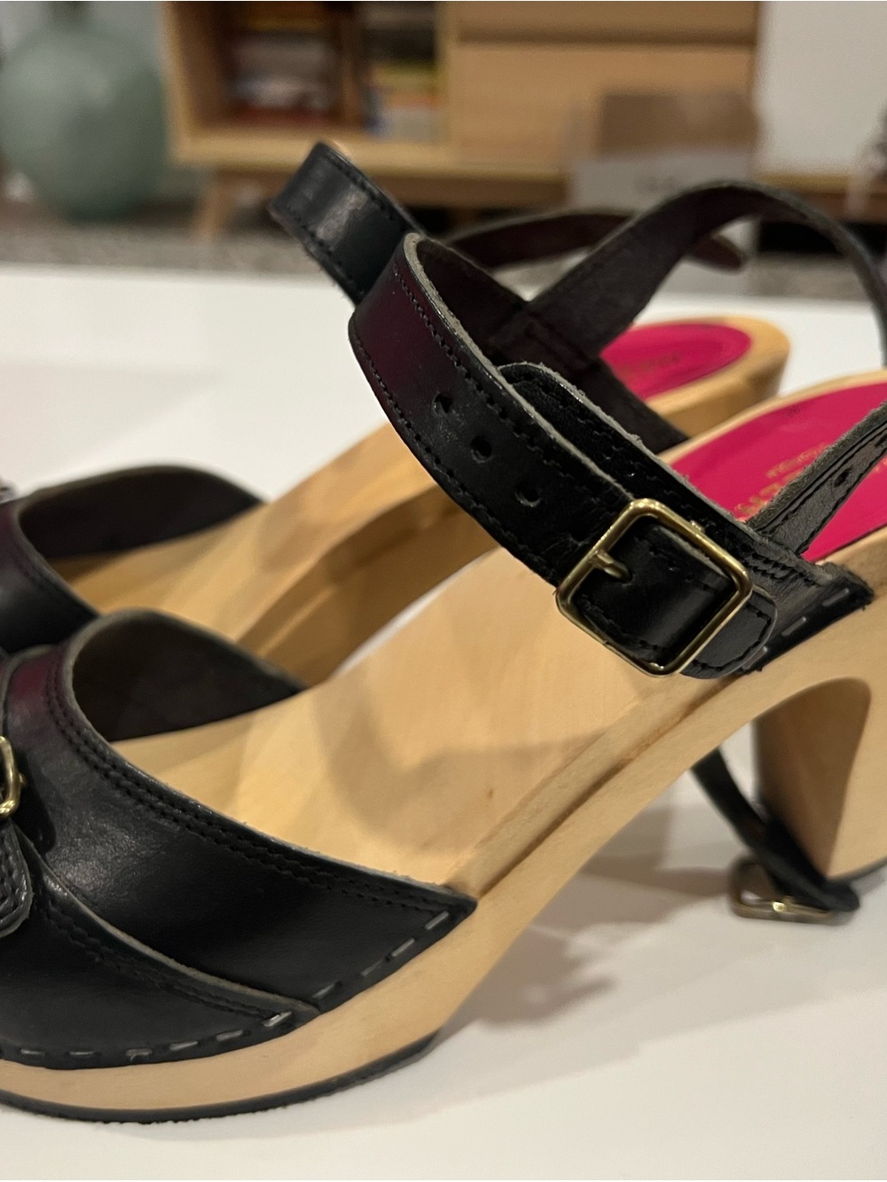 Swedish Hasbeens Black Leather Slingback Heels with Natural Wood Heel